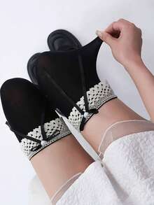 洛丽塔蕾丝边珍珠蝴蝶结女仆白色过膝长筒袜，可爱又长款 - 彩色 - 查看 5