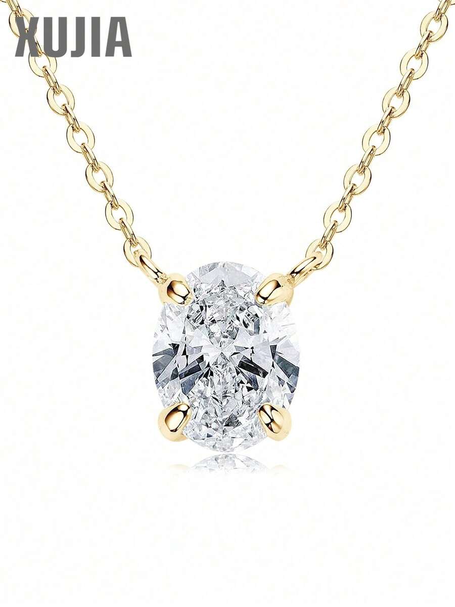 XUJIA 1件优雅女士925纯银莫桑石吊坠项链，7x9毫米-2克拉椭圆形切割莫桑石，适合作为女士订婚、结婚、周年纪念、生日、派对礼物