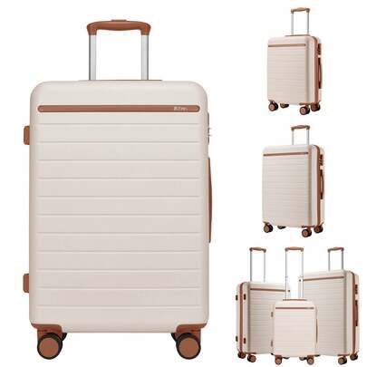 20 Inch Cabin Size Carry-On, 24 Inch Check-In, 28 Inch Large Suitcase 3-Piece Set, PC+ABS Hardshell Lightweight With 360° Spinner Wheels, Combination Lock, Telescopic Handle, Travel Luggage For Men Women Unisex, Weekend Getaway Business Trip Cream White