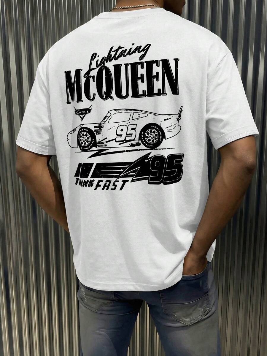 Retro Racing Car T-Shirt With Print #95, Casual Men's Top With Crew Neck, Street Style. - White - View 1