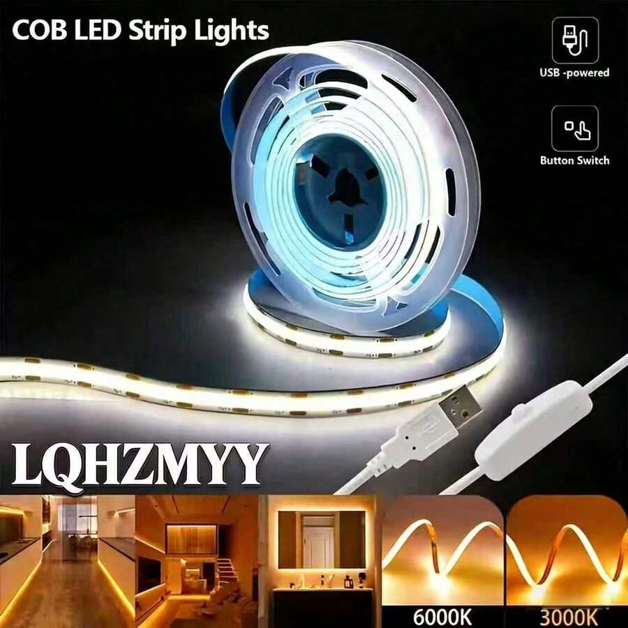 LQHZMYY USB Powered LED Light Strip, COB High Brightness, Self-Adhesive Backing, 5V Voltage, Button Switch, Suitable For TV Backlight, Home, Party, Wedding, Halloween, Christmas Decoration - Indoor Decor Lighting, Event Atmosphere Lighting, High Brightness LED Light, Night Light, Decorations, Living Room, Christmas Party, Bedroom Night Light - 彩色 - 查看 1