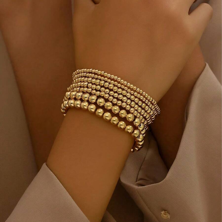 4/12件套金色串珠手链，闪亮圆形珠子手链，可叠戴金色手链 - 彩色 - 查看 1