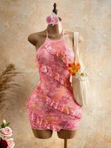 Lady's Sexy Neckline Floral Print Halter Dress With Ruffled Border Design,Sweet Spicy Style,Suitable For Vacation,Music Festival,Graduation Outfits Elegant Party Summer - Multicolor - View 3