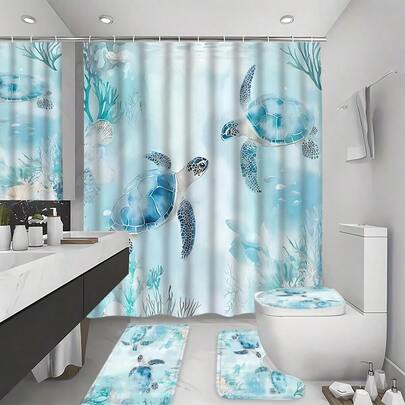 Juego de 4 piezas de cortina de ducha con diseño de tortuga náutica | Decoración de baño, incluye 12 ganchos, alfombra antideslizante, tapa de inodoro y alfombra en forma de U, adecuado para el tema azul océano náutico en baños de playa o costeros, accesorios modernos para el hogar para amantes del océano