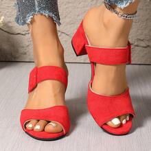 Sandales à talons hauts avec faux boutons en tissu de couleur unie, convenant pour les fêtes, l'extérieur, les vacances, le bureau, les mariages, toutes les saisons - Rouge - Voir 6