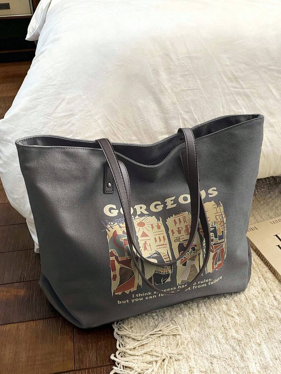 Dedoo Túi tote vải canvas cỡ lớn in họa tiết Ai Cập cổ điển, túi đeo vai cá tính và đầy cảm hứng dành cho nữ, phù hợp cho đi làm hàng ngày, học tập ở thư viện, dạo phố, đi học hoặc những chuyến đi ngắn. - màu đen - Xem 1