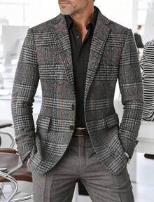 Men's Plaid Pattern Single Breasted Blazer & Pants Set - Grey - View 1