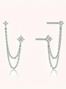 1 Pair Chain Tassel Rhinestone Earrings, Summer Jewelry For Multiple Ear Piercings - Silver - View 2