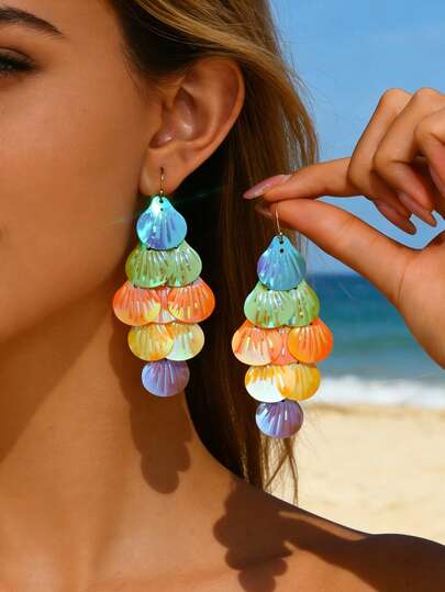 1 Pair Summer Beach Vacation Mermaid Iridescent Shell Tassel Earrings Women, Rainbow Layered Dangle Earrings Vacation Statement Jewelry For Resort Outfit