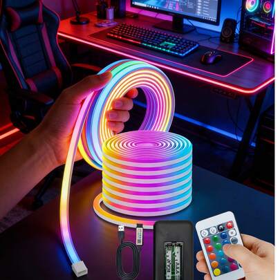 Đèn LED Neon RGB có điều khiển từ xa, dải đèn đổi màu nhiều màu sắc để trang trí phòng ngủ, đèn neon dẻo dùng nguồn USB, điều khiển từ xa và qua ứng dụng, đèn dây neon USB tự tạo hình với hiệu ứng RGB phân đoạn, ánh sáng huyền ảo, thích hợp cho phòng chơi game và phòng ngủ, đèn LED trang trí ngày lễ, đèn trang trí Giáng sinh.
