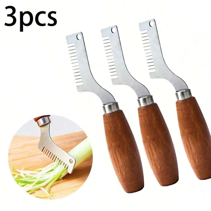 1/3件装，专业切葱器，弧形不锈钢刀片，木柄，厨房烹饪工具 - 彩色 - 查看 1