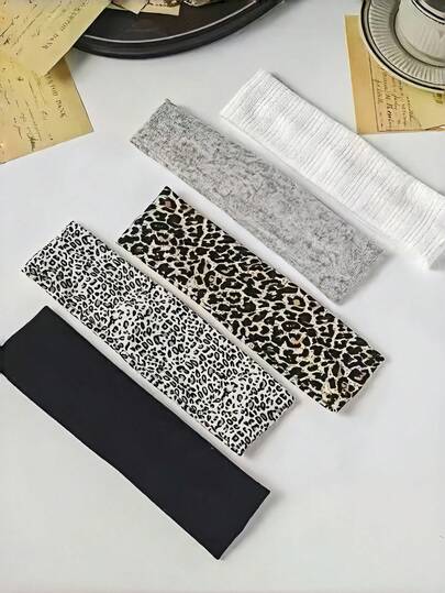 3条/5条装时尚复古豹纹及纯色弹力运动头带，多功能宽版瑜伽健身吸汗带，适合日常使用