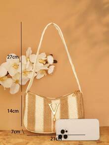 Beige & White Striped Straw Shoulder Bag, Large Capacity Woven Tote Bag, Women's Summer Beach Handbag, Casual Vacation Purse - Apricot - View 4