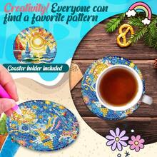 6件套DIY钻石画杯垫套装，带支架 - 海洋主题，圆形和不对称形状钻石，木制工艺套装，适合成人和初学者 - 查看 6