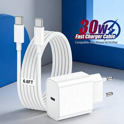 Ensemble de chargeur de voyage portable 30W UE, chargeur mural + câble de données haute vitesse Type-C vers Type-C de 6,6 pi/200 cm, compatible avec iPhone 17 Pro Max/17 Pro/Air/17, 16 Pro Max/16 Pro/16 Plus/16, 15 Pro Max/15 Pro/15 Plus/15 et autres appareils