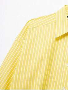 DEEKA Women's Spring/Summer New Arrival Dropped Shoulder Long Sleeve Single-Breasted Striped Loose Shirt, European & American Style French Design Fashionable Versatile Striped Wide-Leg Pants Suit - Yellow Stripes - View 4