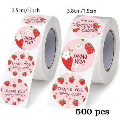 500pcs/Roll, 1 Inch/1.5 Inch Cute Strawberry Thank You Stickers, Non-Adhesive Labels, Sealing Stickers For Summer Birthday Party Decoration,School Supplies,Back To School