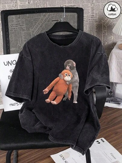 Áo thun nữ mùa hè in hình khỉ, màu trơn, kiểu dáng đơn giản, cổ điển, tay ngắn, chất liệu cotton, màu đen.