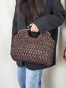 Natural Fiber Clutch Bag, Handwoven Raffia Straw Summer Beach Bag, 2026 New Design, Women Woven Vacation Handbag, Zipper Pouch - Coffee Brown - View 3