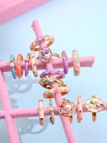 4件套 时尚精致优雅可爱小众设计 水钻花朵珍珠戒指，女士日常节日派对礼物首饰 - 彩色 - 查看 5