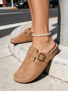 女士平底套脚鞋，新款勃肯鞋风格穆勒鞋，可调节搭扣可爱个性化木屐，轻便舒适时尚休闲拖鞋，适合户外、度假、散步，感恩节和万圣节礼物，闭趾鞋 - 棕色 - 查看 6