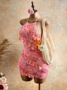 Lady's Sexy Neckline Floral Print Halter Dress With Ruffled Border Design,Sweet Spicy Style,Suitable For Vacation,Music Festival,Graduation Outfits Elegant Party Summer - Multicolor - View 4