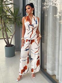 AIJ Amarilo Women's Apricot Brown Abstract Print Elegant Sexy Backless Lace Up Halter Cowl Neck Wide Leg Pants Two Pieces Set Summer Spring Beach Party Vacation Night Out Wedding Guest Spring Break Festival Season Summer Co-Ord Matching Outfits - Apricot Color - View 4