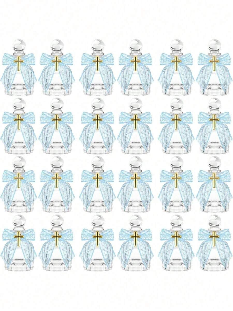 50毫升透明玻璃圣水瓶，带十字架标志、蕾丝蝴蝶结和欧根纱袋，适用于圣餐、洗礼、婚礼等场合（蓝色） - 彩色 - 查看 1