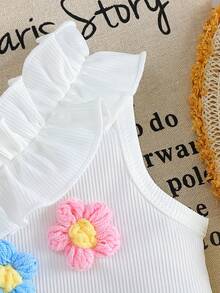Cute Girl's Fashion Asymmetric Shoulder Floral Decor Top, Paired With Bow Tie & Elastic Waist Shorts Set, Suitable For Summer & Autumn, Baby Clothing, Girls Summer Outfit - Yellow - View 6