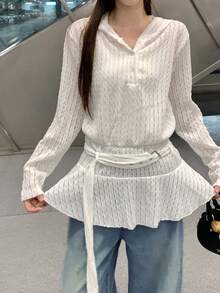 Sweet & Edgy Long Sleeve Hooded T-Shirt For Women, Unique Niche Loose Hollow Out Pullover - White - View 2