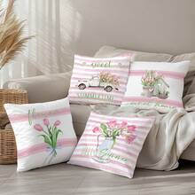Bộ 4 vỏ gối trang trí Simple Daily Pink Tulip "Sweet Home", in một mặt trên chất liệu nhung màu đào, kích thước 45*45CM/18*18inch, phù hợp với trang trí phòng khách theo phong cách tối giản hiện đại, làm quà tặng hoặc trang trí tiệc. - Nhiều màu - Xem 6