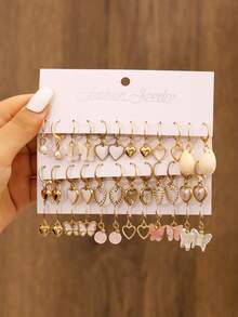 36pcs Cute Pink Earrings Set, Featuring Fruit, Heart, Butterfly, Pink Bear And More Designs, Elegant Girl Gift, Lightweight Tassel Earrings, Suitable For Daily Wear, Party, Vacation - Multicolor - View 9