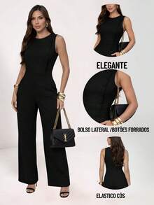 Women's Tailored Jumpsuit With Buttons And Pockets, Elegant Wide-Leg Pants - màu đen - Xem 6