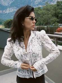 2026 Women's Summer Mesh Lace Flower Shirts Puff Long Sleeve Button Down Blouse Spring Slim Fit Elegant Vintage Top Party Daily Streetwear - 白色 - 查看 6