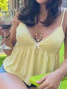 阳光少女风女士夏季Y2K蕾丝边蝴蝶结装饰吊带背心，黄色休闲衬衫，适合街头、约会、办公室和居家穿着 - 黃色 - 查看 6