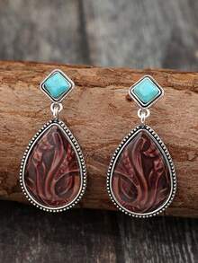 Pendientes de botón con flor de resina rojo-marrón estilo bohemio, pendientes de gota de turquesa verde en capas - Multicolor - Ver 14