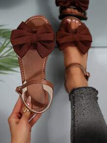 Sandalias de verano retro con lazo grande de color marrón, sandalias planas de suela blanda con punta abierta y lazo para estudiantes, sandalias casuales para caminar - Marrón - Ver 5