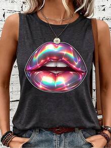 Women'S Sleeveless Tank Top With Iridescent Kiss Print - Casual Round Neck Summer Top, Black With Colorful Lips Design, Lightweight Polyester Blend For Casual Attire - Màu xám đen - Xem 1