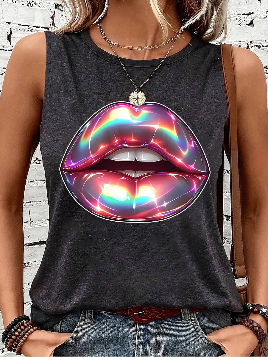 Women'S Sleeveless Tank Top With Iridescent Kiss Print - Casual Round Neck Summer Top, Black With Colorful Lips Design, Lightweight Polyester Blend For Casual Attire - Màu xám đen - Xem 1