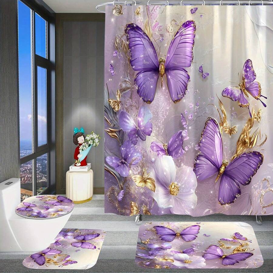 4pcs Gold & Purple Butterfly Pattern Shower Curtain With 12pcs Plastic Hooks, Bathroom Anti-Slip Mat, U-Shaped Toilet Lid Cover, Modern Home Bathroom Accessories