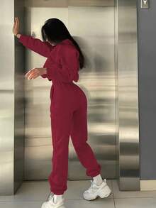Women's 2-Piece Casual Tracksuit Set - Crewneck Sweatshirt & Jogger Pants, Solid Color, Loose Fit, Long Sleeve, Elastic Waist, Suitable For Home, Leisure, Outdoor Activities, All Ages From Teen To Adult, Minimalist Fashion Sportswear - Red - View 1