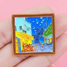 梵高艺术油画珐琅徽章 可爱青蛙戴珍珠耳环胸针翻领别针徽章 背包服装配饰 时尚珠宝 朋友礼物 - 黑色 - 查看 5