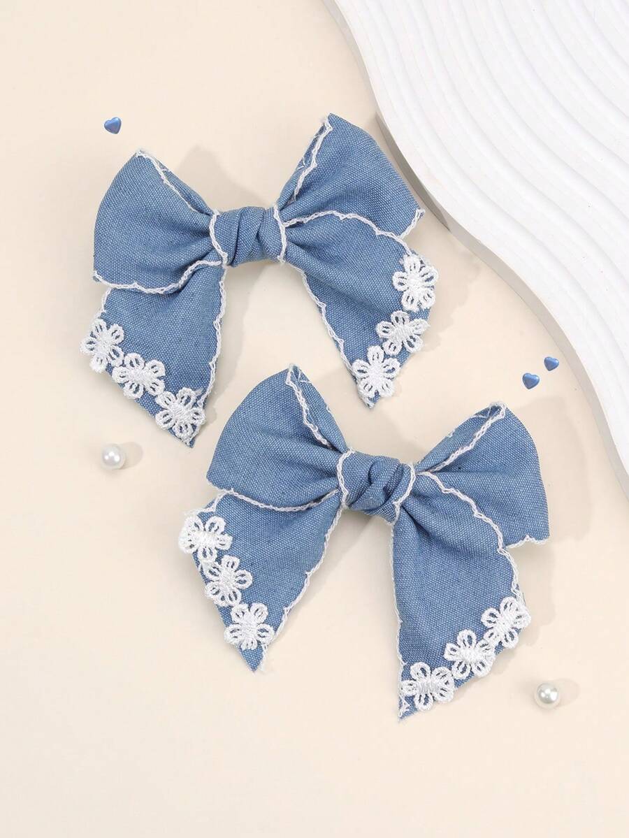 2pcs Vintage Blue Bow Hair Clips, Elegant French Ribbon Hair Accessories For Girls, Baby Hair Clips - Blue - View 1