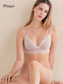 Maggie French Romantic Lace Lingerie, Pink & White Contrast Lace Wireless Triangle Cup Bra - Pink - View 1