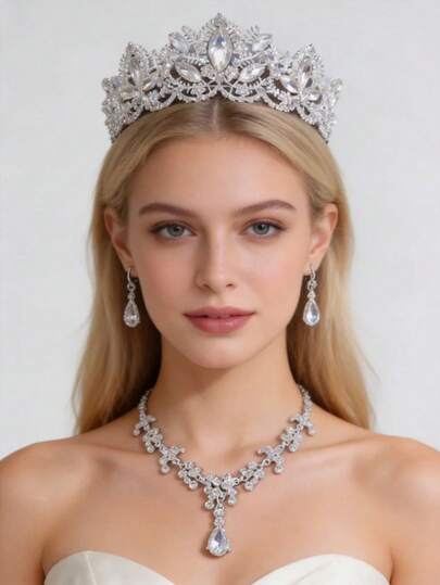 4件套皇冠头饰套装，银色优雅水晶婚礼派对新娘奢华珠宝套装，白色水钻女王皇冠、项链和耳环套装，女士礼物，配饰