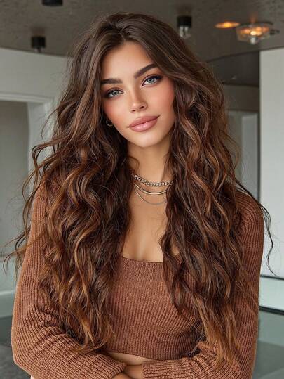 28 "Long Curly Hair Wig Highlight Brown Wig For Women Synthetic Wig For Everyday Parties Festival Travel Music Festivals Holiday Gifts For Daily Party,Natural Sexy Simple Casual Sports Preppy Cosplay Heat Resistant Fake Hair Or Holiday Party Everyday Wear,Halloween Christmas Gifts, Gifts For Girlfriends,Gifts For Girlfriends