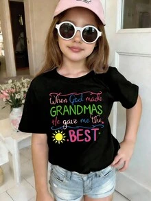 Teen Girls T-Shirts,Tween Girls T-Shirts,ropa de niña,ropa de niño,conjunto de niña,Young Girls' Cute Girl Print Crew Neck Casual T-Shirt, Summer - Negro - Ver 10