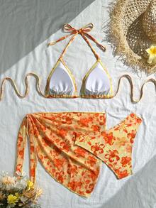 2026 New Fashion Casual Women's Bikini Set With Tie Strap & Sarong Skirt 3-Piece, Suitable For Spring/Summer Daily, Beach, Resort, Pool Party Vacation - Yellow Orange - View 3