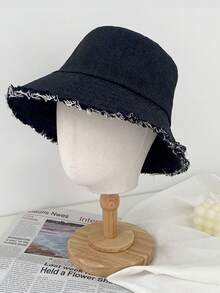 1顶新款男女通用防晒牛仔帽，带毛边装饰 - 渔夫帽 - 防晒帽 - 复古成人帽 - 水洗做旧 - 短帽檐 - 淺藍色 - 查看 4