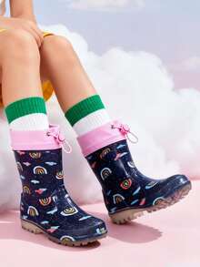 Toddler Rain Boots With Adjustable Drawstring – Lightweight Non-Slip PVC Rain Shoes For Girls, Cute Navy Rainbow Design With Pink Trim - Navy Blue - View 5